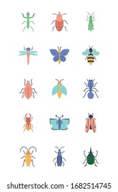 mantis and insect concept icon set over white background, flat style, vector illustration