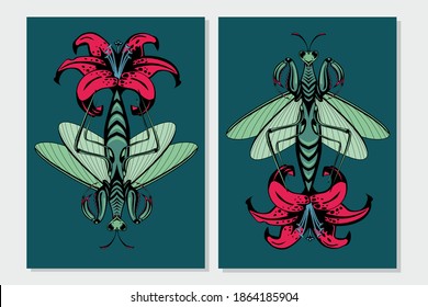 Mantis insect with lily flower. Flora and fauna vintage print. Tattoo style illustration print with plant and bug.