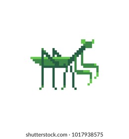 Mantis pixel art icon insect isolated vector illustration. Video game assets. 8-bit sprite. Element design for stickers, logo, embroidery, mobile app. Video game assets 8-bit sprite. 