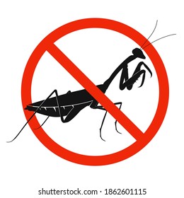 Die Mantis mit rotem Verbotsschild. STOP Mantis Schild einzeln. Vergiss das Symbol für Mantis. Vektorgrafik.