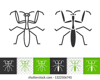 Mantis Religiosa black linear and silhouette icons. Thin line sign of predatory insect. Bug outline pictogram isolated on white, color, transparent background. Vector Icon shape. Simple symbol closeup