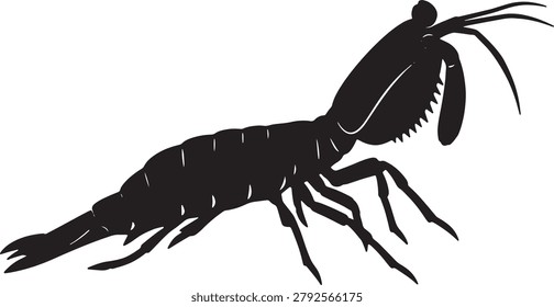 Mantis shrimp in black silhouette. predatory marine crustacean. ocean creature. seafood vector.