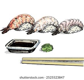 mantis shrimp, tiger prawn shrimp,botan shrimp sushi delicious with wasabi ginger and soy souce food asian japanees restaurant dish draw linear illustration isolated on white background