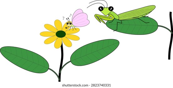 A mantis sneaking up from behind on a butterfly sipping flower nectar