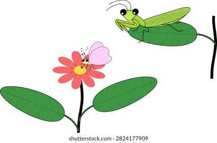 A mantis sneaking up from behind on a butterfly sipping flower nectar
