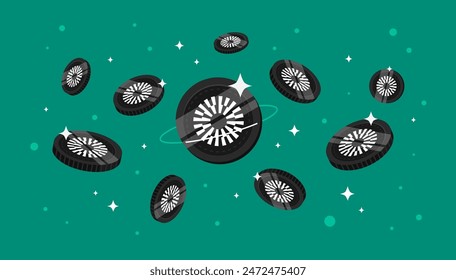 Mantle (MNT) coins falling from the sky. MNT cryptocurrency concept banner background.