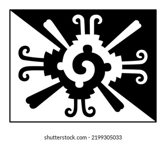 Mantle of spider water, Aztec symbol and rectangular design, used for a ritual cloak, known as Mantle of Lip Plugs. Mistakenly considered as symbol of Hunab Ku, that should refer to the Christian God.