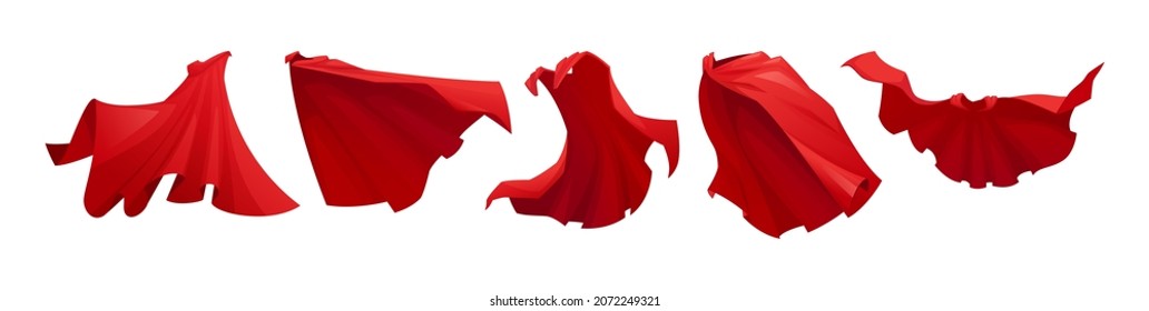 Mantle of superhero, red cape magic satin cloth isolated superpower apparel icons set. Vector hero costume, flowing and flying carnival vampire clothes. Fantasy accessory cloak waving in wind