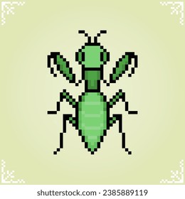 Mantodea in 8 bit pixels. Insect animals for game assets and cross stitch patterns in vector illustration.