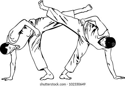 Man-to-man fight. Black and white vector illustration.