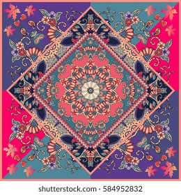 Manton or unique carpet with red flower mandala, birds, autumn maple leaves and hearts. Multicolor vector illustration. Wedding invitation, bandana print, ethnic pillowcase. Festive tablecloth.