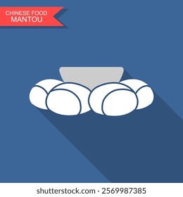 Mantou Chinese steamed bun. Mantou with condensed milk cartoon vector. Chinese food with long shadow