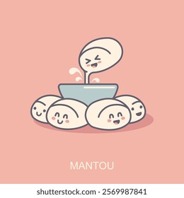 Mantou Chinese steamed bun. Mantou with condensed milk cartoon vector. Chinese food in kawaii style