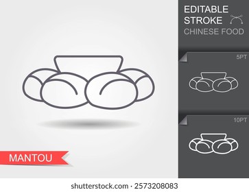 Mantou Chinese steamed bun. Mantou with condensed milk cartoon vector. Chinese food Line icon with editable stroke