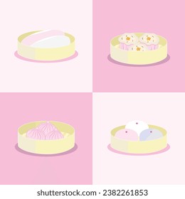 Mantou, dumplings, steamed buns, and xiao long bao in a sweet pink theme, all placed on 2 tones pink color background decorated tiles style. This picture suit for fashion patterns or other projects.