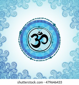 Mantra om in frame of blue paisley flower. Traditional Indian symbols in paisley and mehendi graphic line decorative style. Meditation greeting card. Indian culture inspired illustration.