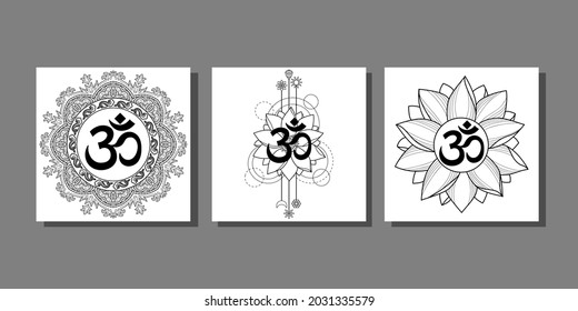Mantra Om, lotus and mandala print set. Patterns collection for tattoo, textile print, coloring page.