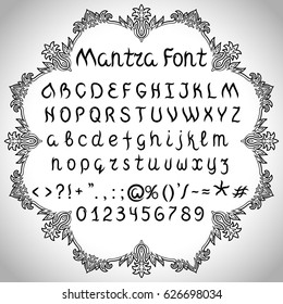 Mantra Vector Font. Hand drawn alphabet for oriental or natural lettering.