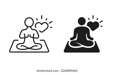 Mantra Yoga Silhouette and Line Icon Set. Meditate and Relax Pictogram. Spiritual Chakra Zen Icon. Calm Aura Galaxy Serenity and Health Body Symbol. Editable Stroke. Isolated Vector Illustration.