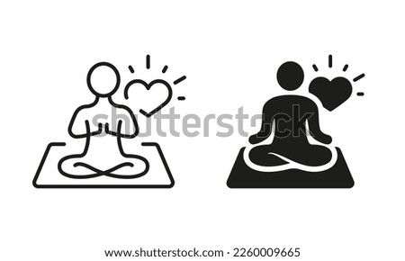 Mantra Yoga Silhouette and Line Icon Set. Meditate and Relax Pictogram. Spiritual Chakra Zen Icon. Calm Aura Galaxy Serenity and Health Body Symbol. Editable Stroke. Isolated Vector Illustration.