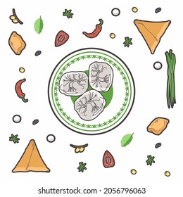 Manty on a plate. Food composition: baursak, samsa, pepper, onion. Vector. 