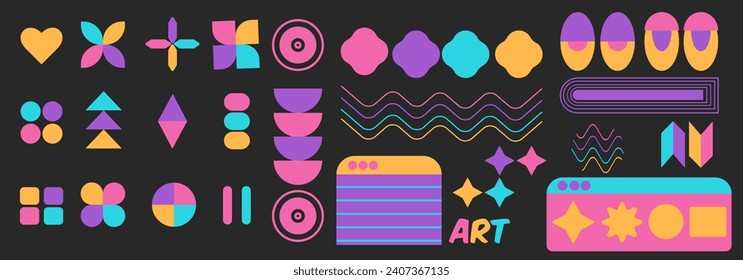 Manual abstract geometric shapes and grids pack. Star oval spirals and other primitive elements. Aesthetic design vector illustration