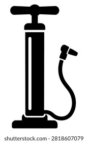 Manual air pump with hose, black silhouette icon isolated on a white background.