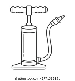 A manual air pump with a hose and handle for inflating objects, tools, and equipment in various settings.