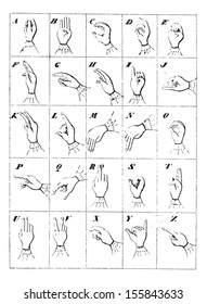 Manual alphabet in use for the deaf, vintage engraved illustration. Usual Medicine Dictionary by Dr Labarthe - 1885.