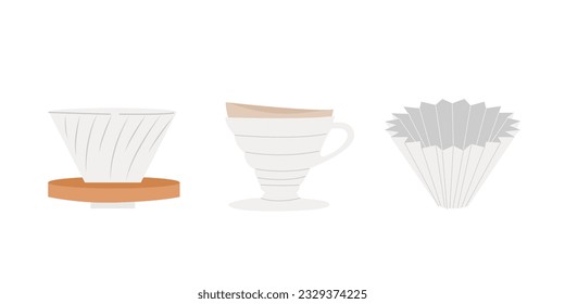 Manuelle alternative Methoden zum Kaffeebrauen und Werkzeuge, handgezeichnet Grafiken. Pour over dripper Filter Kaffeezubehör. Vektorset minimalistische Hand, einzeln auf weißem Hintergrund.