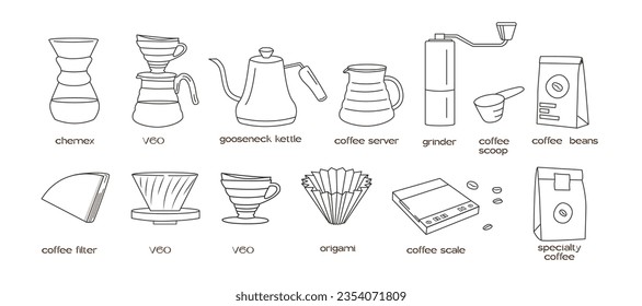 Manual alternative coffee brewing methods and tools hand drawn doodle style icons. Set for pour over drip coffee outline thin line graphics. Vector flat style isolated illustration for cafe menu.