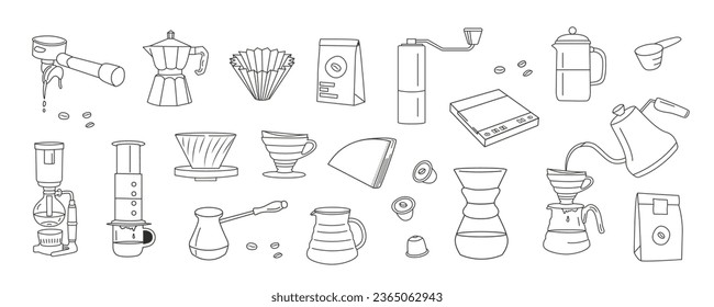 Manual alternative coffee brewing methods and tools hand drawn doodle style icons. Set of coffee utensils outline thin line graphics. Vector flat style isolated elements for cafe, menu, coffee shop.
