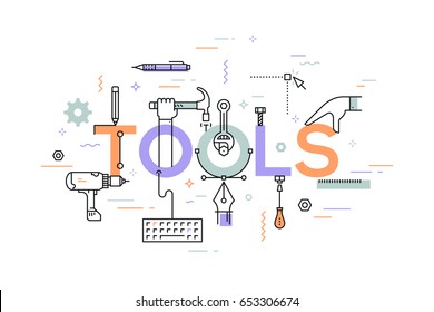 Manual and automated work, hand and power tools and machines concept. Creative infographic banner with elements in thin line style. Vector illustration for advertisement, website, presentation.