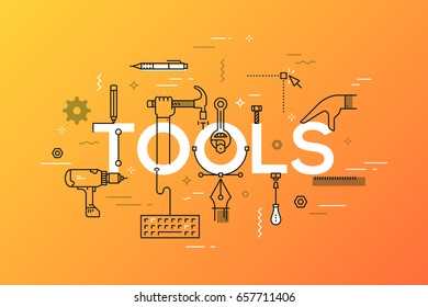 Manual and automated work, hand and power tools and machines concept. Creative infographic banner with elements in thin line style. Vector illustration for advertisement, website, presentation.