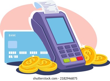 Manual bank terminal with cards and coins for online payment. The concept of processing nfc payments with a mobile device. POS-terminal with a payment check. Stock vector illustration.