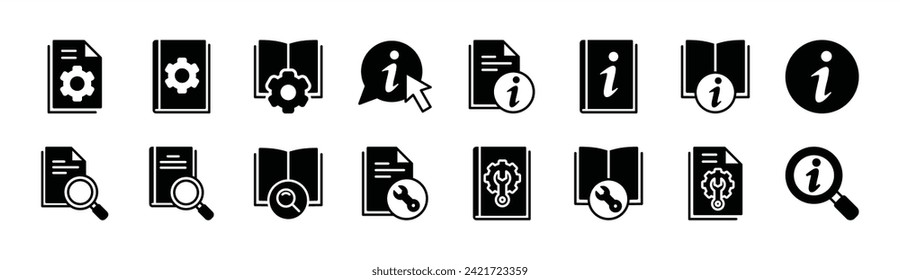 Juego de iconos de libro manual. Iconos de la guía de usuario. Contiene instrucciones, información, guía, referencia, ayuda y apoyo. Ilustración del vector