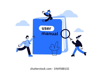 Manual book instruction or handbook help guide. User manual concept. Users reading guidebook or writing guidance. Vector team studying requirements specifications document flat illustration