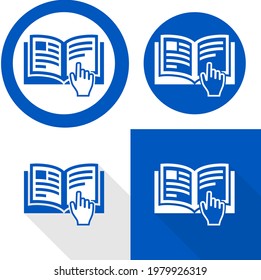 Manual book symbol with hand. Read before use. Refer to instruction manual booklet mandatory sign
