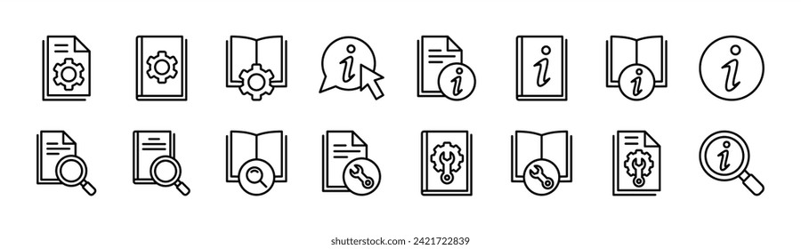 Manual book thin line icon set. User guide book icon collection. Containing instruction, information, guide, reference, help and support. Vector illustration