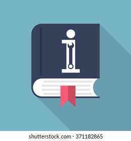 Manual book. User manual icon. Owner's. Flat. Vector illustration. Information icon with a spanner on the book. Instructions for maintenance and repair. Design element for web, app, and print