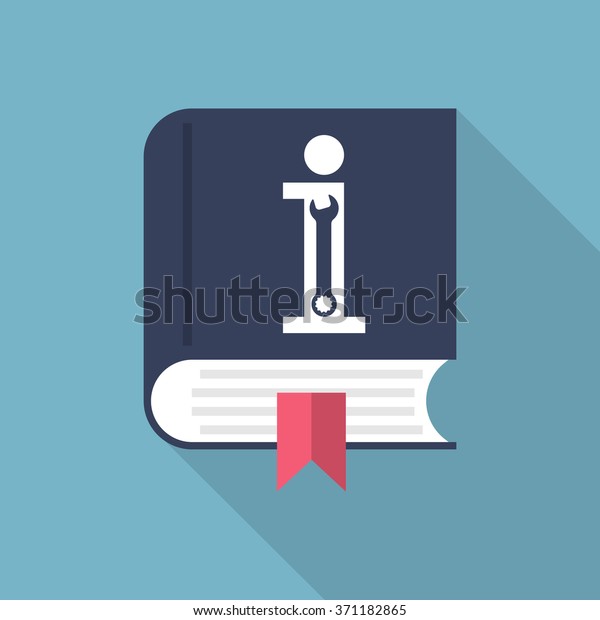Manual book. User manual icon. Owner\'s. Flat.\
Vector illustration. Information icon with a spanner on the book.\
Instructions for maintenance and repair. Design element for web,\
app, and print