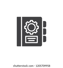 Manual book vector icon. filled flat sign for mobile concept and web design. Agenda with gear simple solid icon. Symbol, logo illustration. Pixel perfect vector graphics