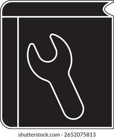 Livro manual com ícone de chave inglesa simbolizando guia técnico, manual de reparação ou instruções DIY com fundo transparente