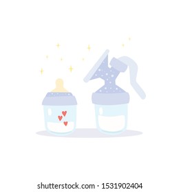 Manual breast pump and pacifier bottle. They are full of milk and love. Cute cartoon vector