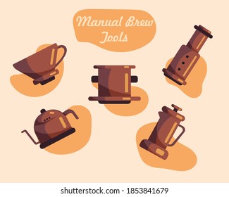 Manuelle Brew Kaffee Tools. Es gibt fünf Werkzeuge in der Illustration wie Aeropress, Vietnam Drip, französische Presse, v60 und elektrischer Wasserkocher.