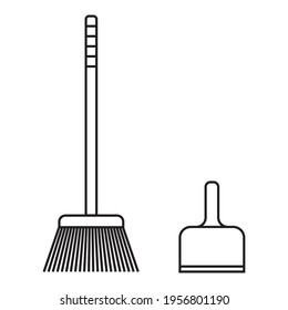 Manual broom and scoop for cleaning. Black and white icon. Vector Illustration. EPS10