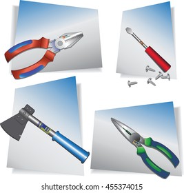 Manual building tools.Colored vector illustration.Pliers, long nose pliers, screwdriver, axe.