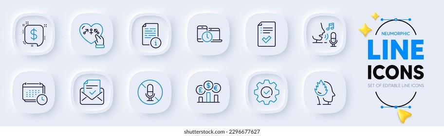 Manual, Calendar and Payment message line icons for web app. Pack of Currency rate, Genders, Time management pictogram icons. No microphone, Stress, Microphone signs. Approved checklist. Vector