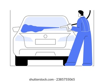 Manual car wash abstract concept vector illustration. Personal transport owner using self-service car wash, foam spray, water splash, shiny automobile, vehicle maintenance abstract metaphor.