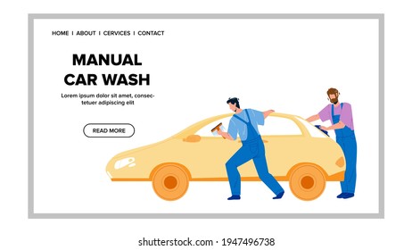 Manual Car Wash With Automobile Shampoo Vector. Automobile Washing Service Workers Manual Car Wash With Brush And Rag. Characters Care Cleaning Dirty Transport Web Flat Cartoon Illustration